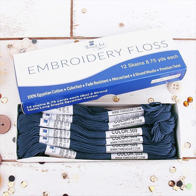 12 Skeins ThreadArt Premium Egyptian Long Fiber Cotton Embroidery Floss | Navy | 6 Strand Divisible Thread 8.75yds Each for Hand Embroidery, Friendship Bracelets, Cross Stitch and Crafts