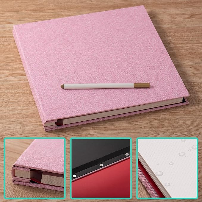 Large Photo Album Self Adhesive 4x6 8x10 10x12 13"x12.8" Magnetic Scrapbook Album 12.6"x11" Inch 40 Pages Linen Cover DIY Photo Album with A Metallic Pen and DIY Stickers(Pink)