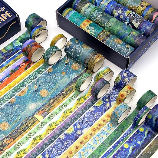 36 Rolls Van Gogh Washi Tape Set with Gold Foil, 6 Sizes Art Decorative Masking Tape, Aesthetic Masterpiece Collection for Scrapbooking, Journaling, DIY Crafts & Gift Wrapping - No-Residue