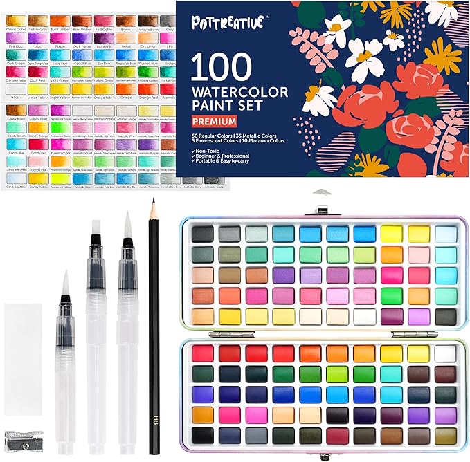 100 Colors Watercolor Paint Set - Vibrant Pigments in Portable Metal Case with 3 Water Brushes, Non-Toxic Travel-Friendly Painting Kit for Professional Artists/Students/Beginners