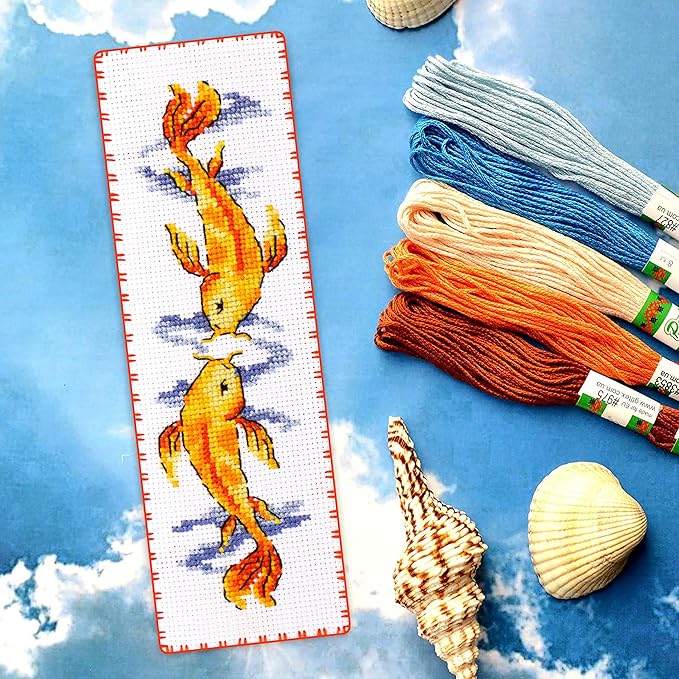 Povitrulya Koi Carp - Counted Cross Stitch Bookmark Kit - Embroidery Set for Adults with Paper Pattern, 16-Count Aida Canvas and Presorted Floss - DIY Christmas, New Year's Gift