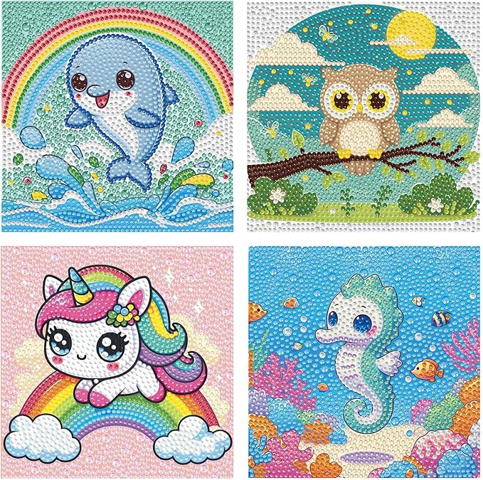 Dlylust Diamond Painting Kits for Kids Beginner - 4 Pack DIY 5D Full Drill Diamond Art Kits for Children, Cute Animals Round Crystal Rhinestone Gem Art Crafts Home Wall Art Decor 5.9 x 5.9 Inches
