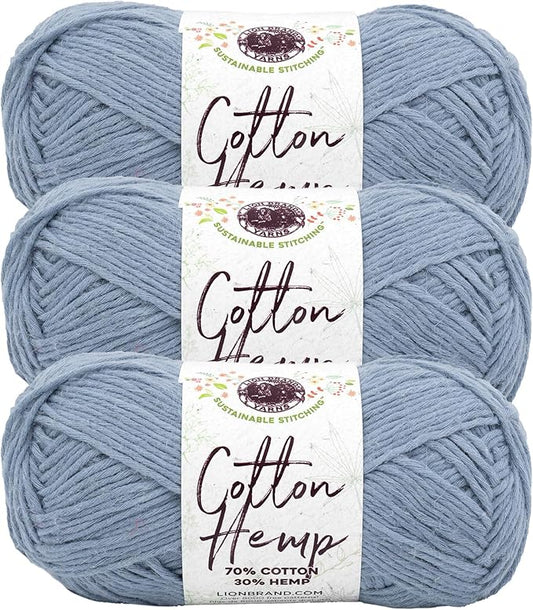 Lion Brand Yarn Cotton Hemp, Soft, Durable Yarn for Crochet and Knitting, 3 Pack, Neptune