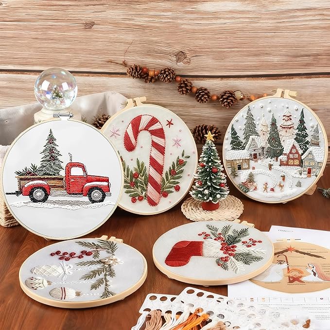 QBQBQ 4 Sets Christmas Embroidery Kits for Adults, Embroidery Kit for Beginners, Cross Stitch Kits for Beginners with Pattern, Needles, Threads, Tools (Christmas Kits B)