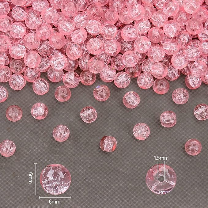 300PCs 6mm Pink Crackle Glass Beads Bulk, Round Smooth Hole Glass Crystal Beads for Jewelry Making, DIY Bracelets, Necklaces, Bag Charms, Keychains and Craft Projects