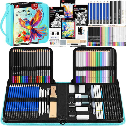 133 PCS Art Supplies Sketching Kit, Pro Drawing Pencils with Sketchbook, Coloring Book, Watercolor Pad, Black Paper Pad, Colored Graphite Charcoal Watercolor & Metallic Pencils for Artists Adults
