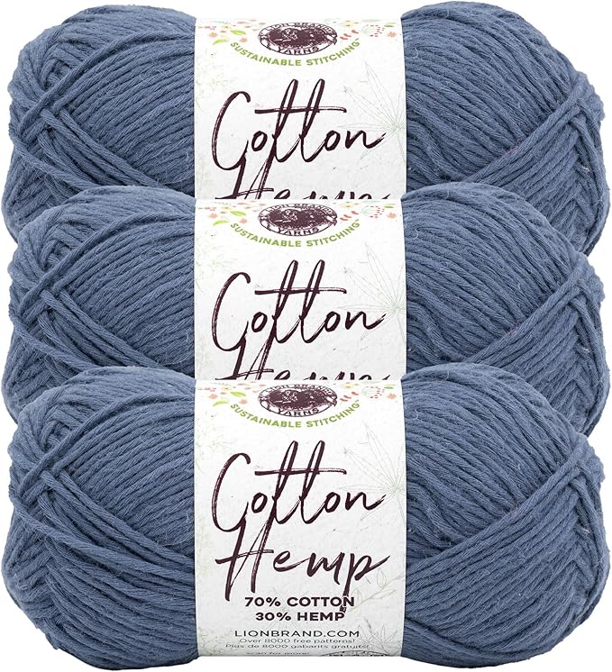 Lion Brand Yarn Cotton Hemp, Soft, Durable Yarn for Crochet and Knitting, 3 Pack, Deep Denim