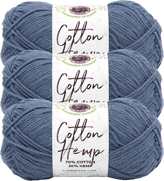 Lion Brand Yarn Cotton Hemp, Soft, Durable Yarn for Crochet and Knitting, 3 Pack, Deep Denim