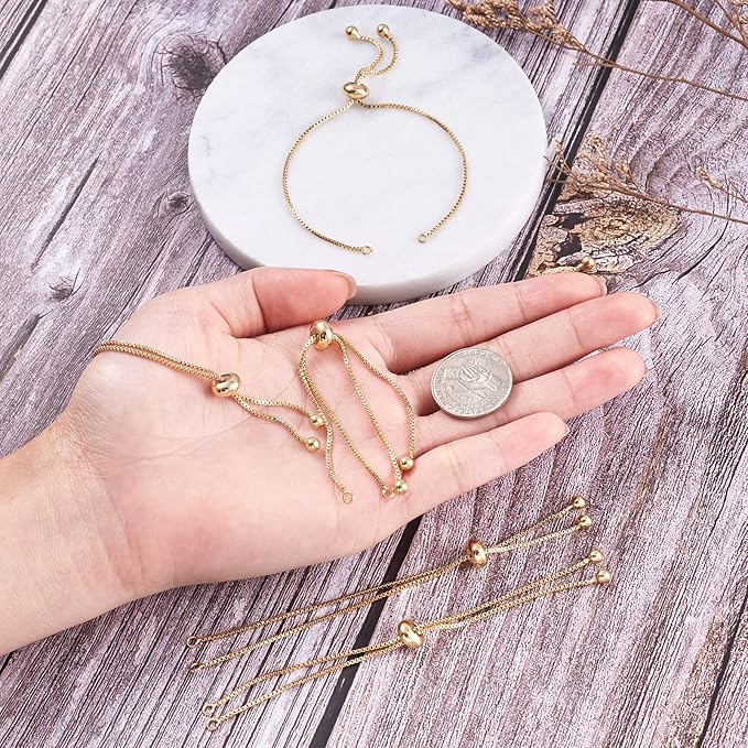 FASHEWELRY 20 Strands Adjustable Brass Bracelet Slider Extender Chains with Rhinestone Ends 8-5/8"(22cm) Real Gold Plated for DIY Jewelry Making