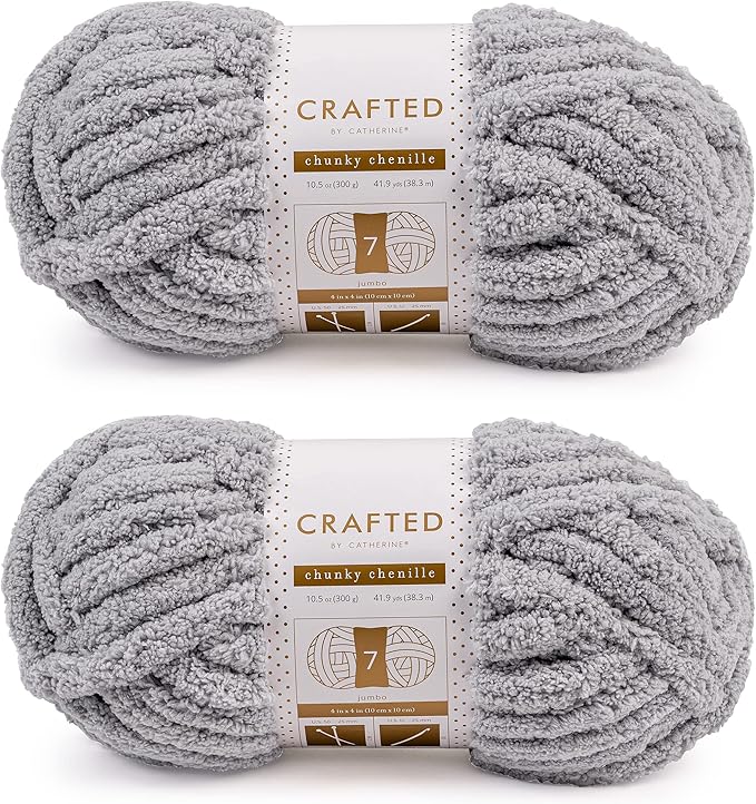 Crafted By Catherine Chunky Chenille Yarn - 2 Pack (41 Yards Each Skein), Light Grey, Gauge 7 Jumbo