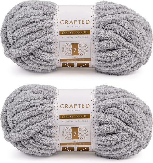 Crafted By Catherine Chunky Chenille Yarn - 2 Pack (41 Yards Each Skein), Light Grey, Gauge 7 Jumbo