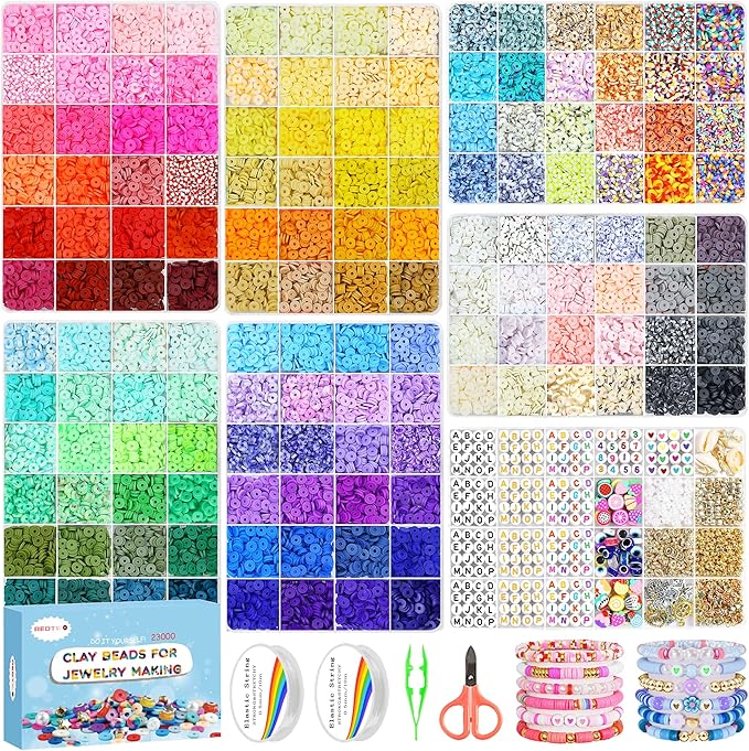 Redtwo 23000Pcs Clay Beads Friendship Bracelet Making Kit, 7 Boxes 144 Colors Flat Polymer Heishi Beads Set for Friendship Jewelry Making Kit with Pendant Charms, Crafts Gifts for Girls Ages 6-12 Kids