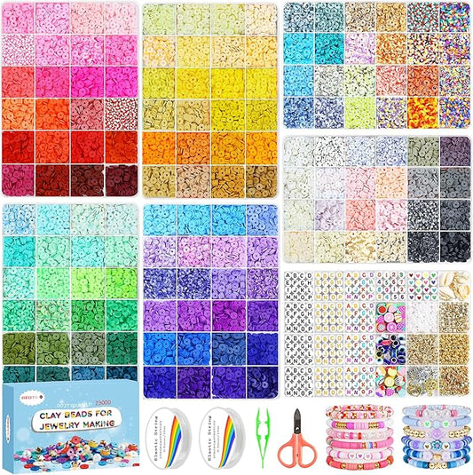 Redtwo 23000Pcs Clay Beads Friendship Bracelet Making Kit, 7 Boxes 144 Colors Flat Polymer Heishi Beads Set for Friendship Jewelry Making Kit with Pendant Charms, Crafts Gifts for Girls Ages 6-12 Kids