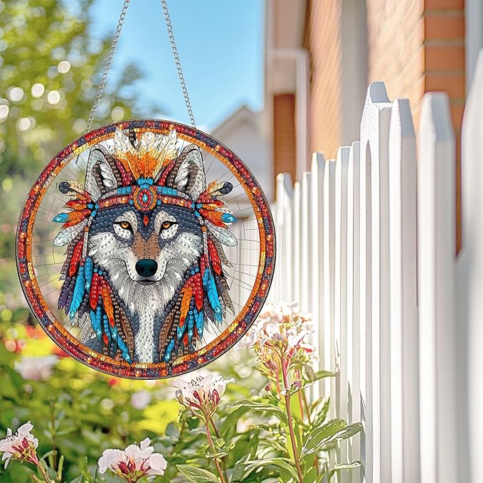 Wergund 5D DIY Wolf Diamond Art Hanging Kits, Hanging Diamond Art Animal, Acrylic Special Shaped Rhinestone, Window Hanging Pendants for Home Wall Garden Front Door Outdoor Decor Gift(Wolf)