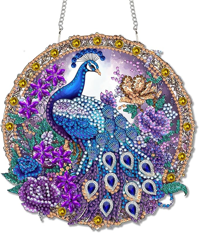 Reofrey Hanging Diamond Art Kits for Adults - 8x8 Inch Peacock Animal Acrylic Board Double Sided Pattern Diamond Painting Suncatcher Pendant, Crystal Art for Home Wall Window Decoration Handmade Gift