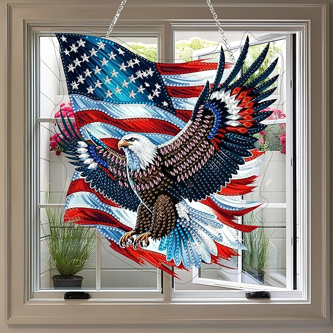 Diamond Art Hanging Kit for Adult,4Th of July Special Shaped Rhinestone,Double Sided DIY Acrylic Diamond Art Painting Window Pendants Home Garden Wall Hanging Kits Hanging Ornament (Independence Day)