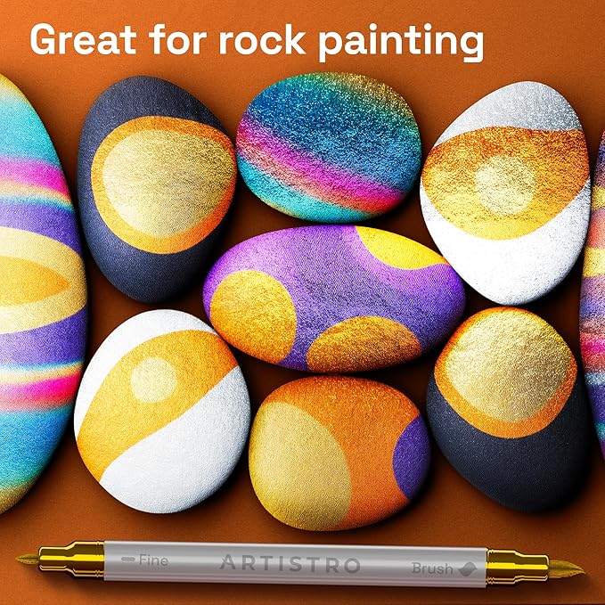 ARTISTRO 24 Metallic Acrylic Paint Markers - Paint Pens for Drawing, Brush + Fine Tips - For Fabric, Rock, Glass, Wood, Eggs - Art & Craft Supplies for Adults, Teens, Kids - Easter Basket Stuffers