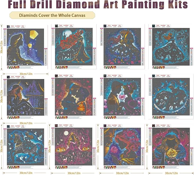 KEYRANKE 12 Pack Princess Diamond Painting Kits for Adults 5D DIY Diamond Art Kit Paint with Round Full Drill Diamonds for Beginners Gem Paintings Art for Home Wall Decor Gifts (12X12 Inch)
