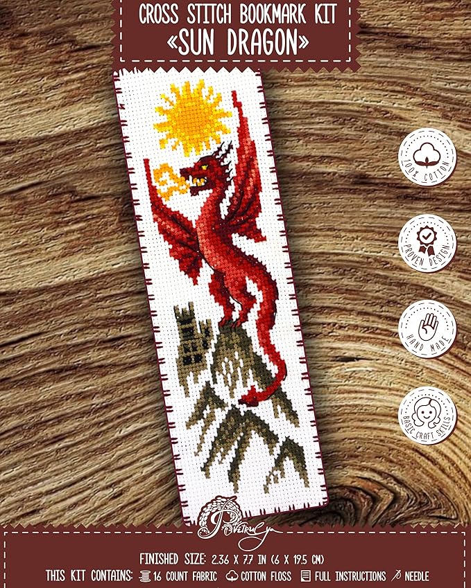 Povitrulya Counted Cross Stitch Kit 'Sun Dragon' - DIY Embroidery Book Marker Set for Adults with Paper Pattern, 16 Count Aida Canvas and Presorted Floss