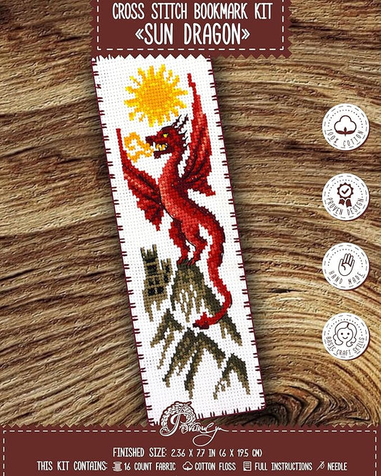 Povitrulya Counted Cross Stitch Kit 'Sun Dragon' - DIY Embroidery Book Marker Set for Adults with Paper Pattern, 16 Count Aida Canvas and Presorted Floss