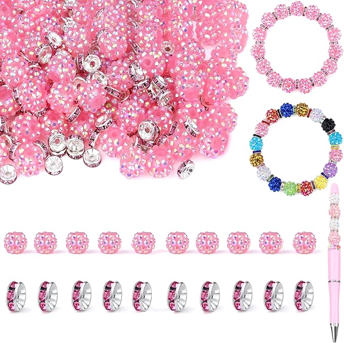 LAIDANLA 250pcs 12mm Pink Rhinestone Beads and 8mm Rondelle Spacer Beads for Beaded Pens, Sparkly Shamballa Disco Ball Bead for Bracelets Making Necklaces Earring DIY Craft