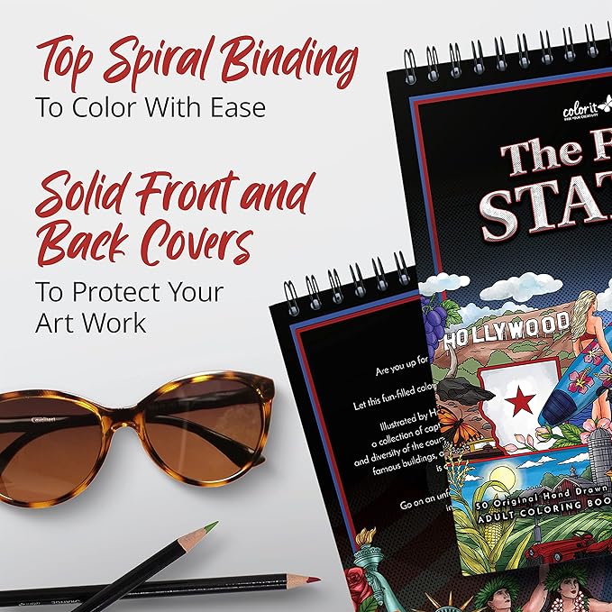ColorIt Fifty States Adult Spiral Coloring Book - 50 Perforated Original Designs - Lay-Flat Cover - Ink Blotter Paper for Arts & Crafts - Adult Coloring Book