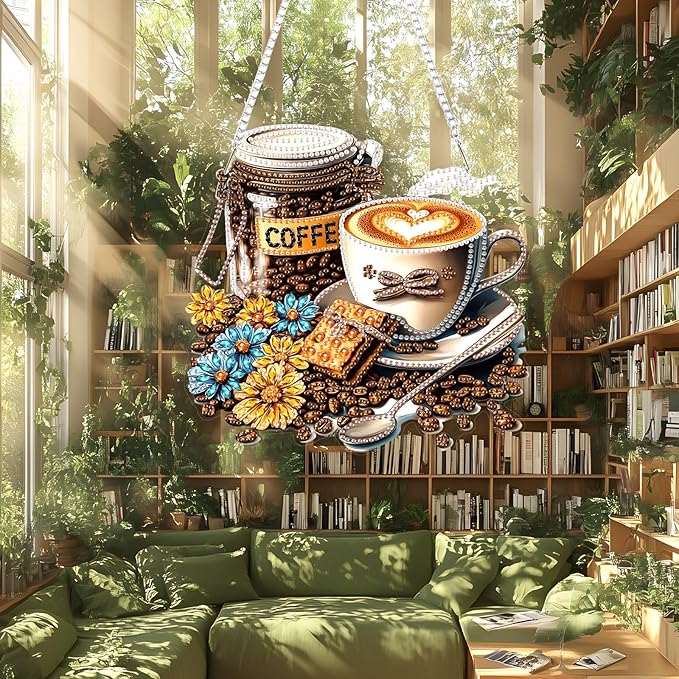 Lxmsja DIY Coffee Beans Diamond Painting Hanging Ornament, Double-Sided Acrylic Flowers Diamond Art Kit, Special Shaped Drill Pendant Window Art Kit, Suncatcher Hanging Craft Decoration 8x8 inch
