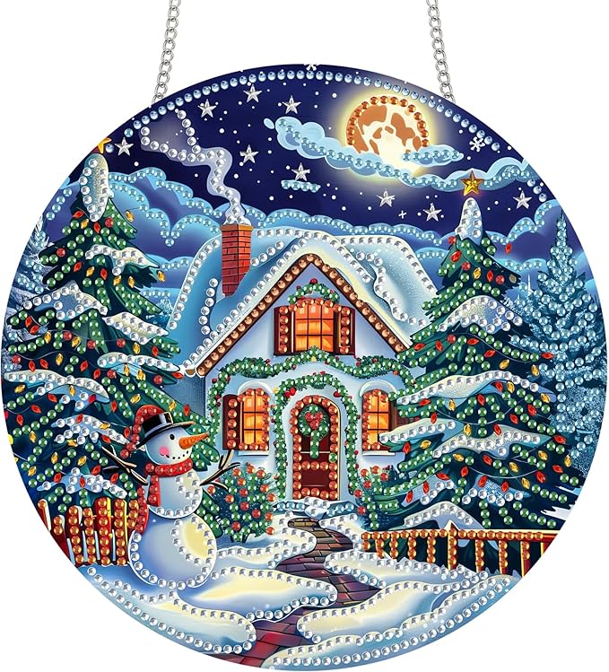 Zariocy Sun Catcher Window Hanging Diamond Art Kits - DIY Snowman Christmas Tree Diamond Painting on Acrylic Board Pendant Ornament for Home, Garden, Porch, Front Door Sign, Christmas Decor 8x8 inch