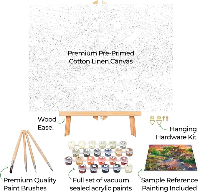 Ledgebay DIY Paint by Numbers Kit for Adults - Framed Canvas Beginner to Advanced Kit Includes Acrylic Paint Set, Brushes, Tabletop Easel (Sunset Swans 12"x16" Framed)