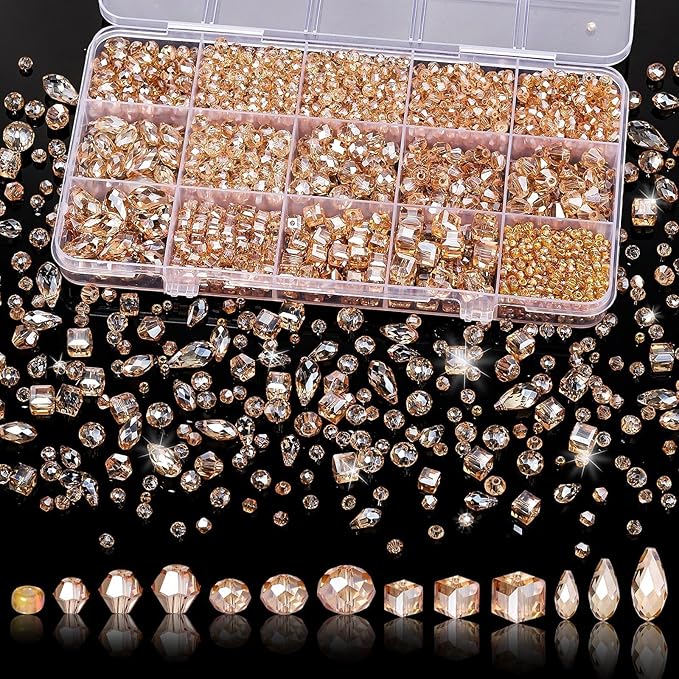 Song Xi 1500PCS Glass Beads for Jewelry Making, Assorted Faceted Crystal Beads Kit for Bracelet Earring Necklace, for DIY Clear and Iridescent Christmas Gift (Champagne Color) ﻿ ﻿