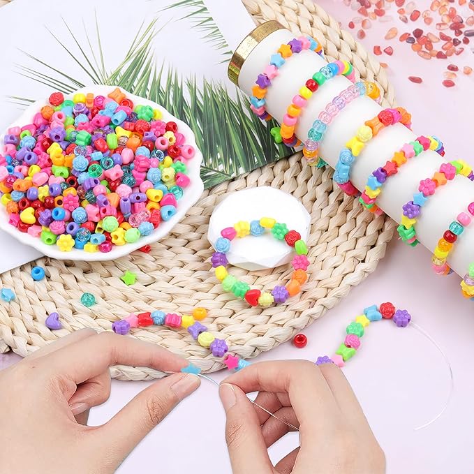 Pony Beads Shapes for Bracelet 1000 Pcs Plastic Star Beads for Friendship Bracelets 6x9mm Round Beads for Hair Braiding Flower Beads for Jewelry Making (Multicolour Pony Beads Shapes)
