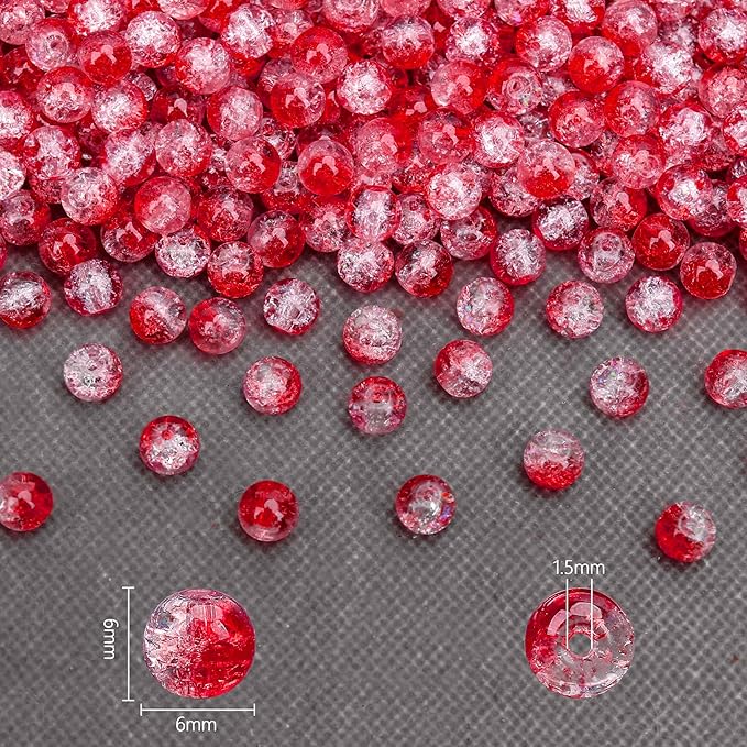 300PCs 6mm Red Crackle Glass Beads Bulk, Round Smooth Hole Glass Crystal Beads for Jewelry Making, DIY Bracelets, Necklaces, Bag Charms, Keychains and Craft Projects