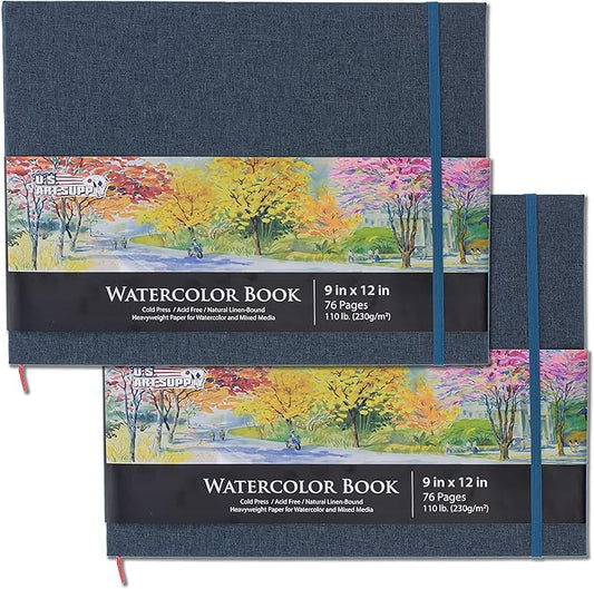 U.S. Art Supply 9" x 12" Watercolor Book (2 Pack, 76 Sheets Each) - 110lb (230 GSM) Linen-Bound Hardcover Artist Paper Pads - Acid-Free Cold-Pressed Watercolor Paper Pad Mixed Media