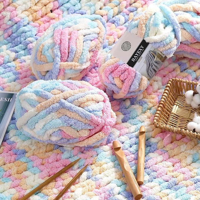Chunky Chenille Yarn for Hand Knitting 8 Jumbo Pack Jumbo Chunky Yarn for Hand Soft Blanket Knitting, Bulky Thick Fluffy Yarn for Crocheting (Marshmallow Color+Kitten Color)