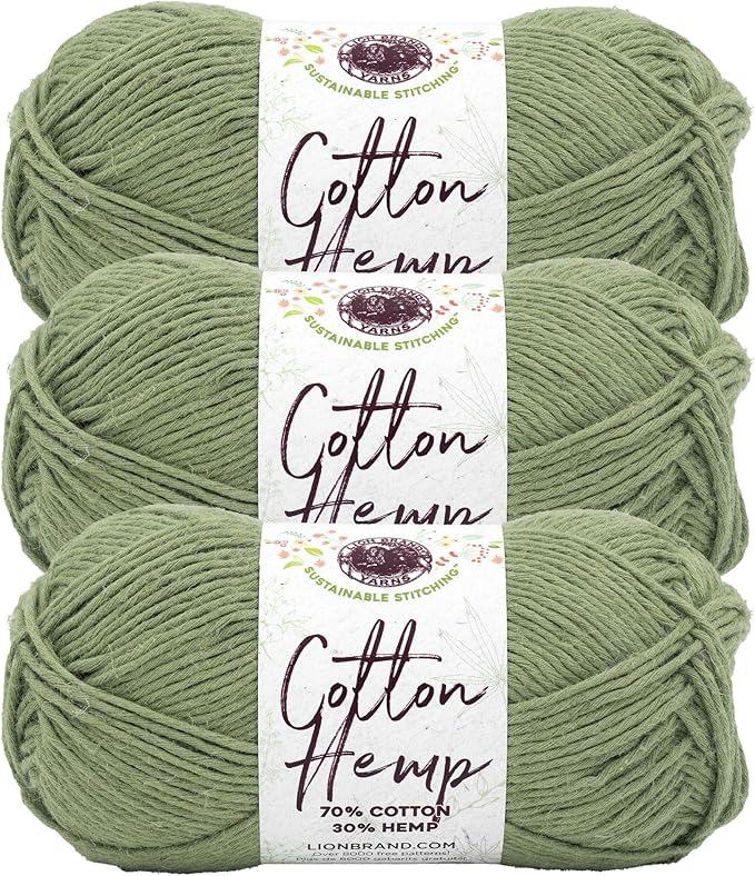 Lion Brand Yarn Cotton Hemp, Soft, Durable Yarn for Crochet and Knitting, 3 Pack, Olive