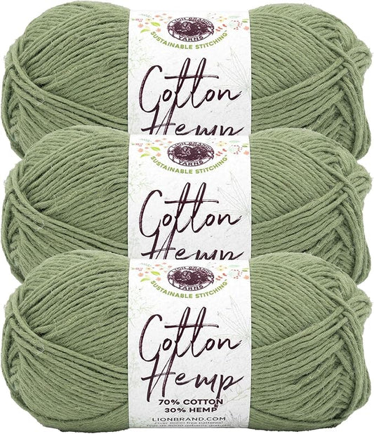 Lion Brand Yarn Cotton Hemp, Soft, Durable Yarn for Crochet and Knitting, 3 Pack, Olive