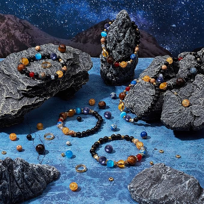 SUNNYCLUE 1 Box 300+Pcs DIY 10 Sets Solar System Bracelets Kit Galaxy Universe The Nine Guardian Planets Obsidian Beads Beading Bracelet Necklace Natural Gemstone Bead for Jewelry Making Kits Craft
