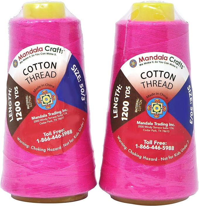Mandala Crafts Hot Pink Thread Cones for Machine and Hand Quilting - 2400 Yds 50 WT Multiple Purpose Mercerized 100% Cotton Threads for Sewing Machine Serger Embroidery