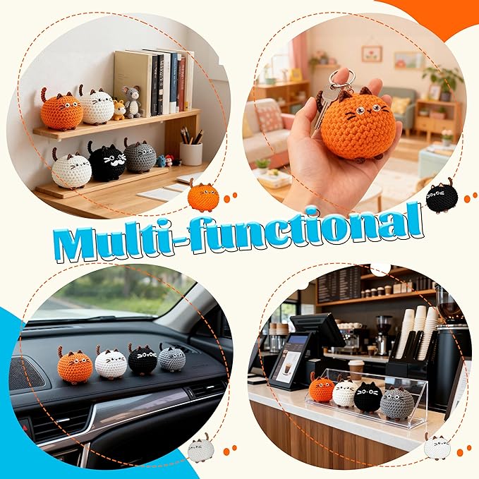 Joyclub 4 Pcs Crochet Kit for Beginners Crochet Starter Kits for Adults and Kids Great Birthday Gifts for Crocheting Lovers with Step by Step Video Amigurumi Cat Family Knitting Kit DIY Craft