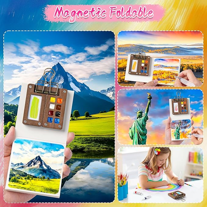 Mini Watercolor Paint Set, 12 Colors Portable Pocket Watercolour Travel Kit with 8 Grid Wood Paint Palette, Sketchbook, Metal Clip, Water Brush for Painters Artists Students