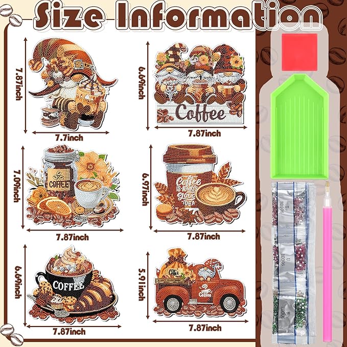 Zonon 6 Pcs Coffee Diamond Painting Hanging Sign Set 5d Diamond Art Hanging Craft Kit DIY Pendant Ornaments Kits Crystal for Adults Gift Coffee House Wall Door Home Restaurant Bar Window Decor