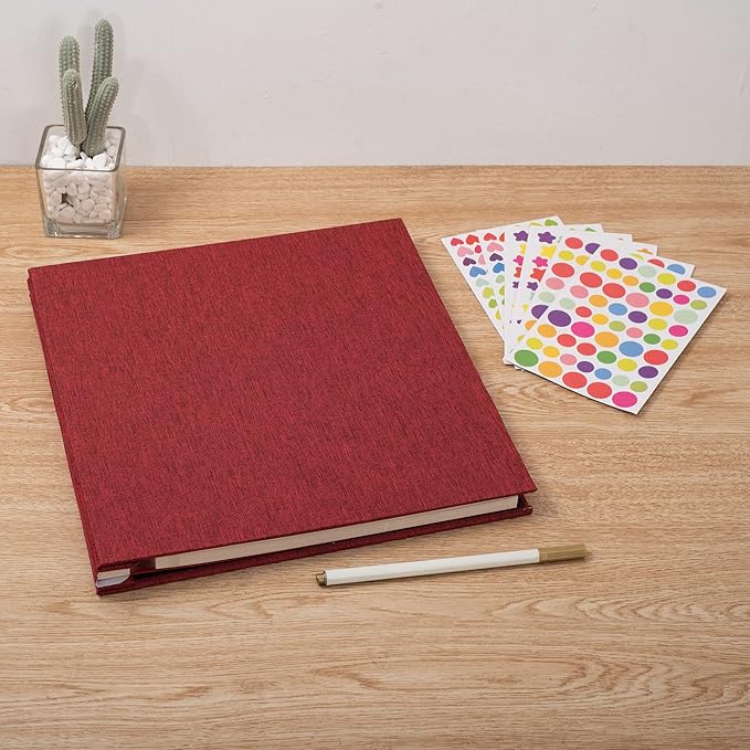 Large Photo Album Self Adhesive 4x6 5x7 6x8 8x10 Pictures Scrapbook Magnetic Album DIY Scrap Book 60 Sticky Pages Linen Cover DIY Photo Album with A Metallic Pen and DIY Accessories(Red)