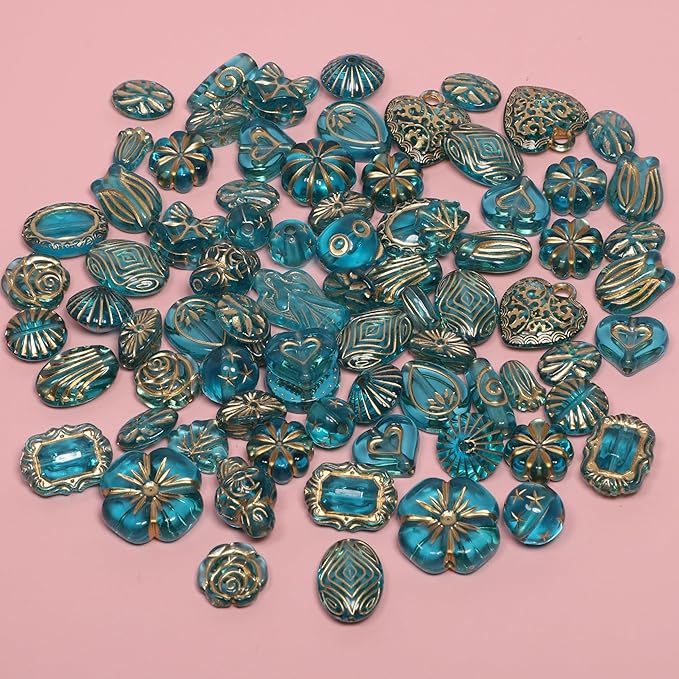 7.5 OZ Assorted Vintage Acrylic Beads For Jewelry Making, Song Xi Unique Flower Rose Czech Beads For Bracelet Earrings, Bohemia Style, Bulk, Arts and Crafts, DIY Holiday Gift (240-260 PCS, Bule-Green)