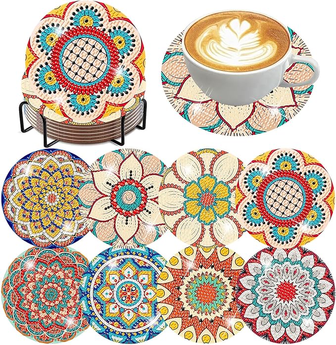 8 Pcs Mandala Diamond Art Coasters Kit with Holder, DIY Mandala Diamond Painting Coasters for Beginners Adults, Non Slip Diamond Art Kits Craft Supplies 4x4inch