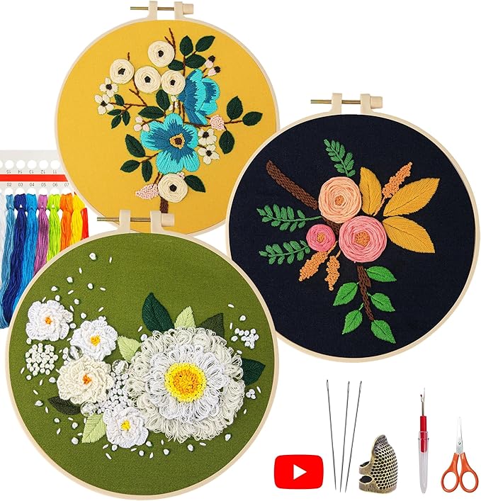 lx lermx embroidery kits for beginners, adult starter cross stitch kit needlepoint complete diy kit with unique patterns, hoop, colorful threads, tools, step by step instructions & video tutorial