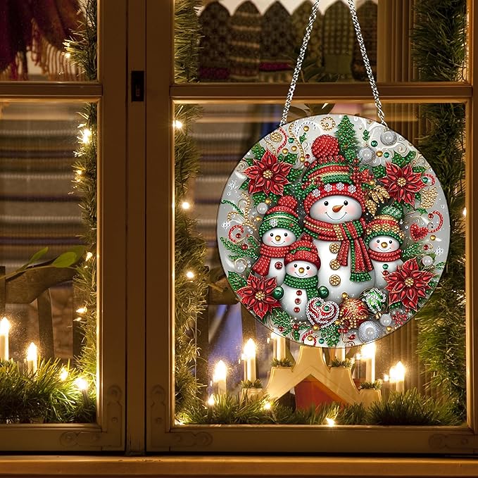DIY Diamond Art Painting Wreath Kits，Special Shaped Rhinestone Hanging Ornament Diamond Art Window Pendants for Gift Home Garden Wall Hanging Kits,Double Sided (Snowman-1)