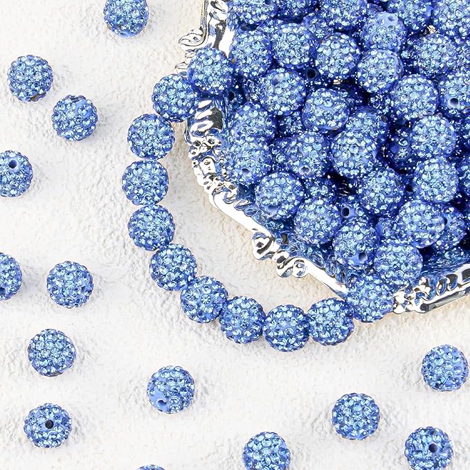 100Pcs 10mm Light Blue Rhinestone Beads for Jewelry Making, Shiny Round Disco Ball Sparkly Beads Bulk with 10-Grid Storage Box for DIY Baseball Necklaces Shamballa Bracelets
