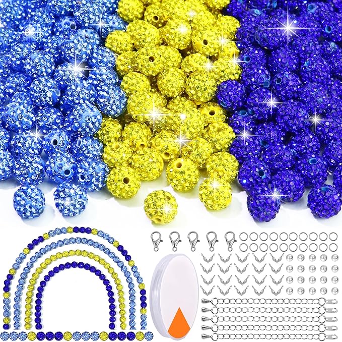 Dowarm 255PCS 10mm Rhinestone Beads for Baseball Rhinestone Necklace Bracelet Jewelry Making, Round Polymer Clay Beads for Crafts Beaded Pen, DIY Shamballa Pave Disco Bead, Ice Blue|Blue|Yellow