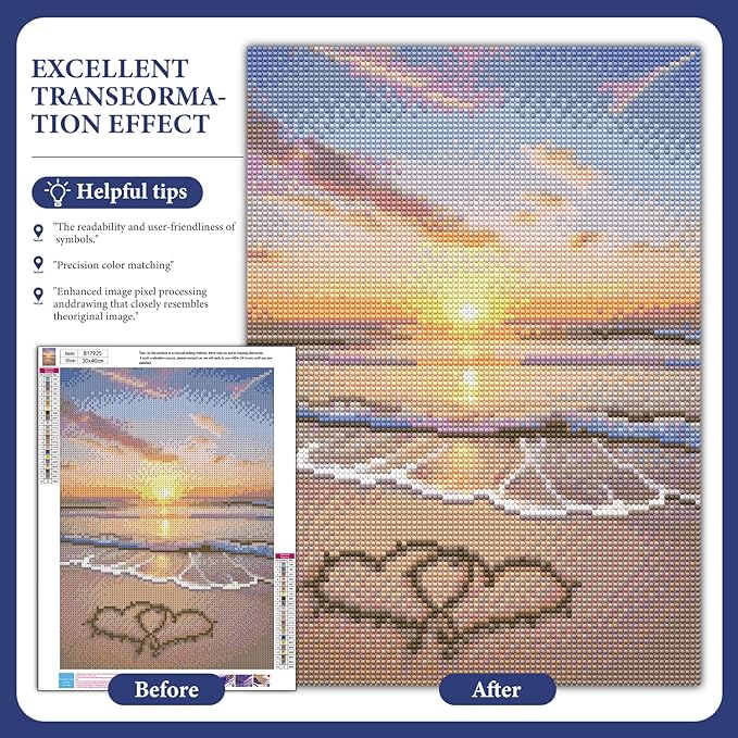 Fountor Beach Diamond Art Kits for Adults, Love Diamond Painting Kit for Adults Beginners, 5D DIY Sunset Landscape Diamond Painting with Round Gem Art Kits for Home Wall Decor 12x16 Inch