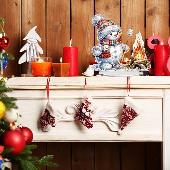 JJFox DIY Tabletop Diamond Art Painting Kit，Special Shaped Rhinestone Desk Placement Ornament，Home Stand Up Gem Painting Craft Kit，Gift，Double Sided. (Christmas Snowman-1)